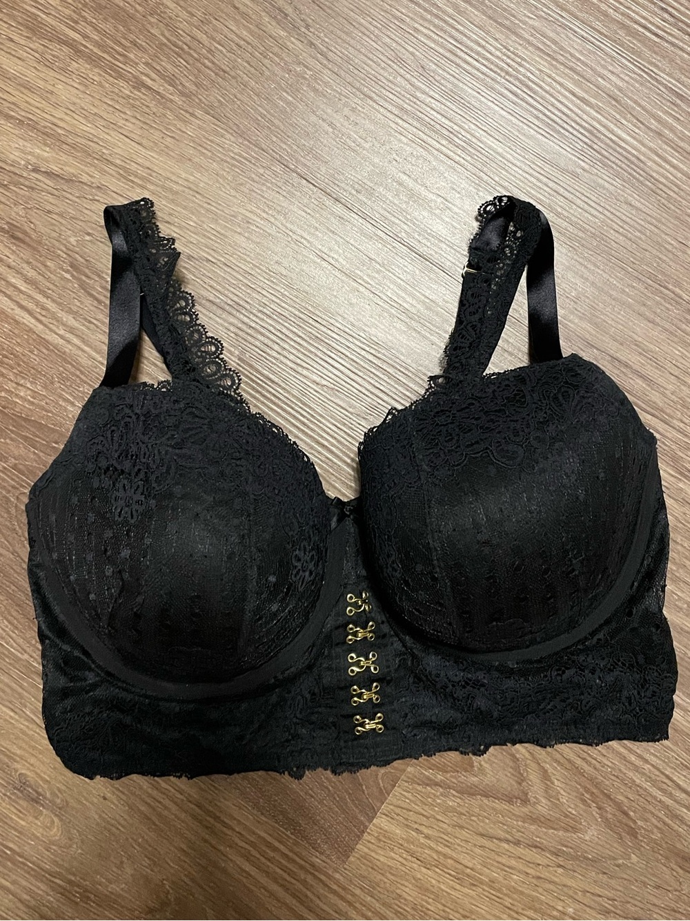 Cacique Black Lace Longline Bra with Gold Front Hooks